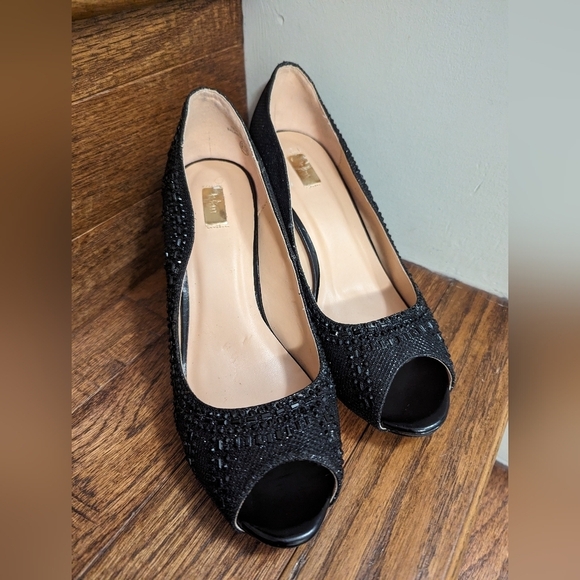 K&M (Kate & Mel) sparkly open toe black heels. size 9.5 - Picture 3 of 11